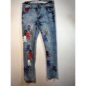 REASON 34 Jeans Mens Sz 33x32 Black Denim Moto Skeleton Dog Skull Graphic